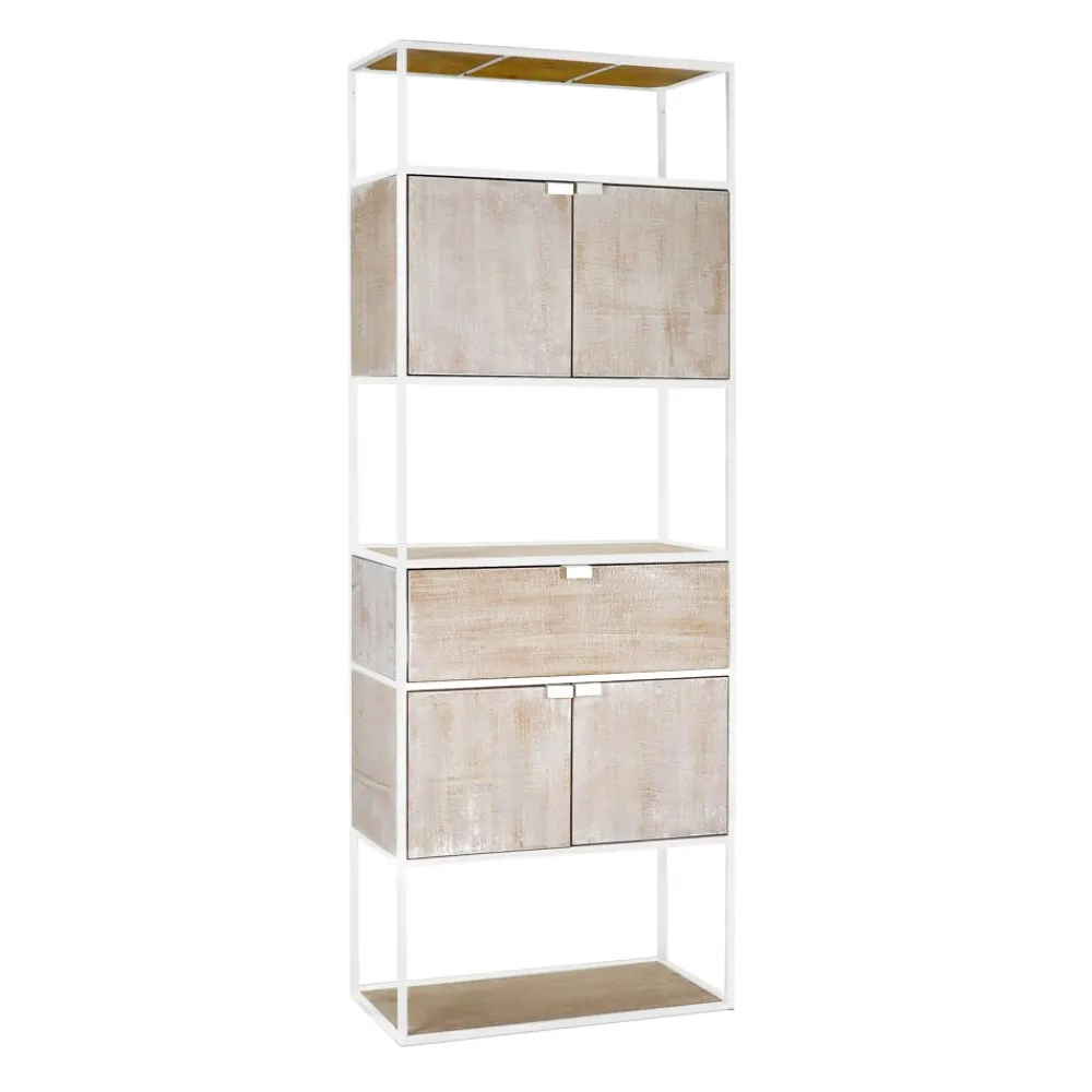 Pomax Étagères-ESZENTIAL - rack 4 portes 1 tiroir - métal / bois de sapin - L 60 x W 30 x H 165 cm - naturel/blanc