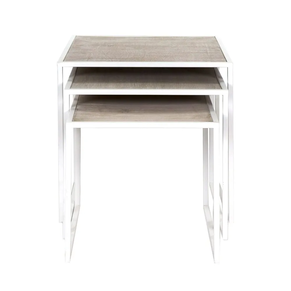 Pomax Tables Basses | Tables-ESZENTIAL - set/3 tables d'appoint - métal / bois de sapin - L 45/40/35 x W 45/40/35 x H 45/40/35 cm - naturel/blanc