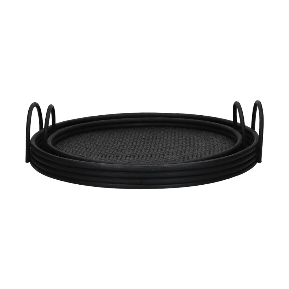 Pomax Plateaux-HAMADAS - set/2 plateaux - rotin / papier - DIA 39/45 x H 2,7/3,5 cm - noir
