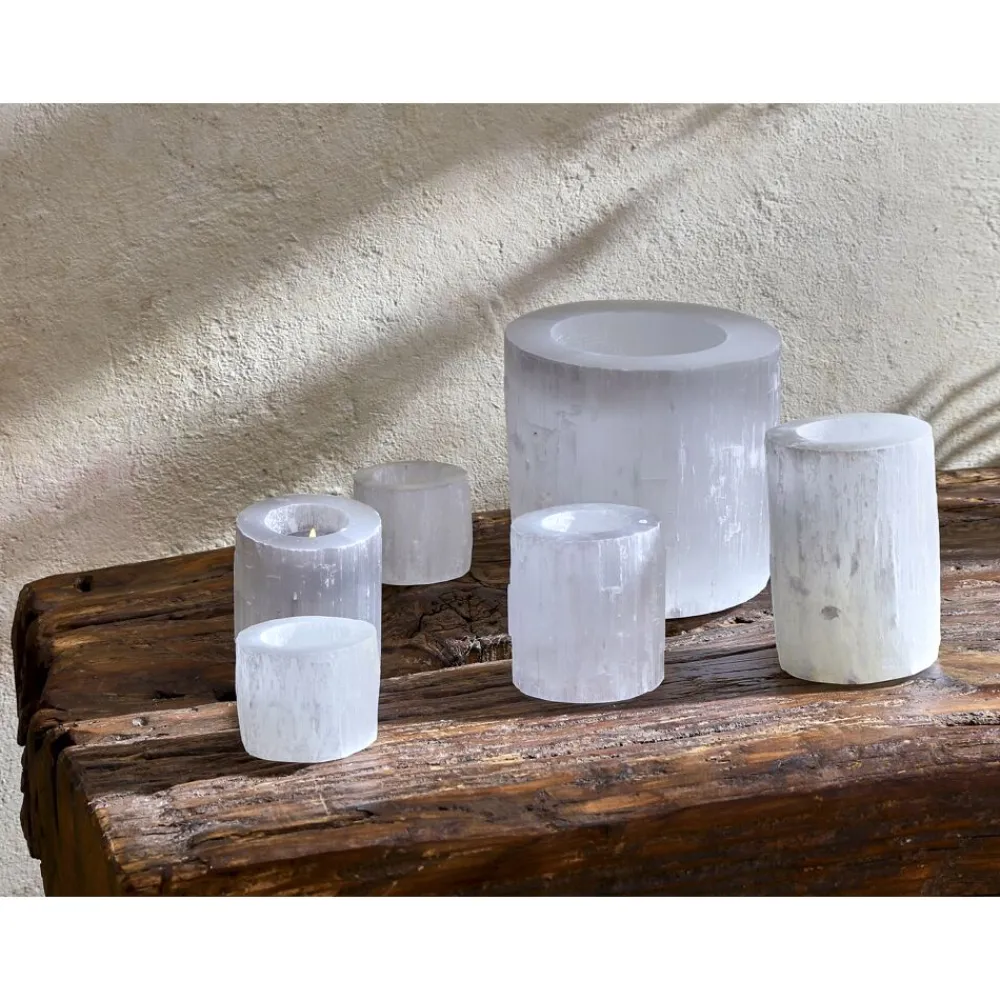 Pomax Photophores / T-lights-SELENA - photophore - selenite - DIA 8 x H 12 cm - blanc