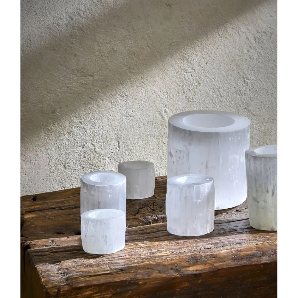 Pomax Photophores / T-lights-SELENA - photophore - selenite - DIA 6 x H 5 cm - blanc
